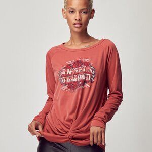 Women's Vintage Rose Angels & Diamonds Long Sleeve Top with Twist Hem